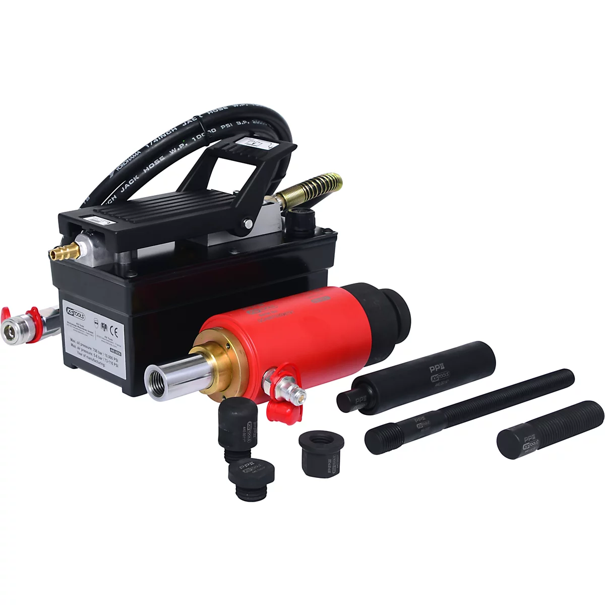 Hydraulische Werkzeugausrüstung, bestehend aus einer Pumpe, einem Zylinder und verschiedenen Aufsätzen. Schwarz, Rot und Silberfarben.